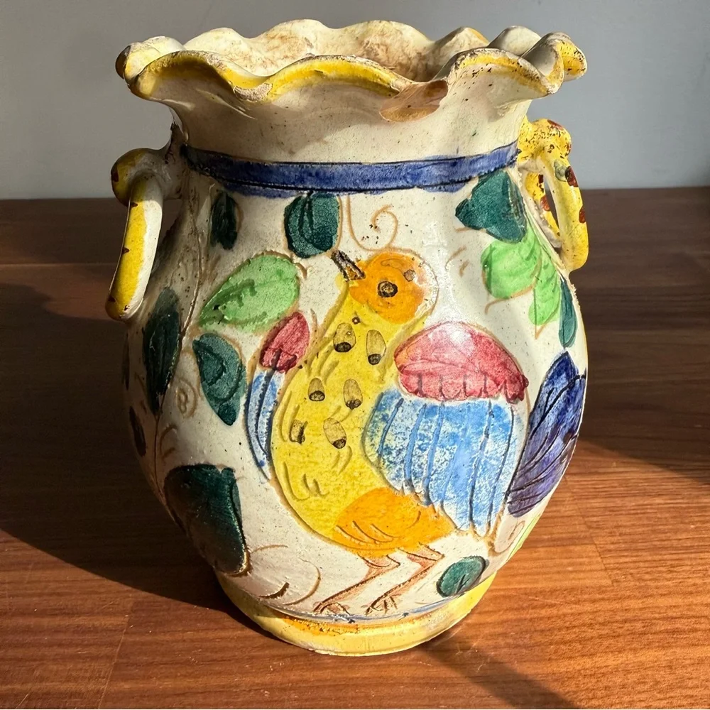 Antique Mid 20th Century Incised Italian Fluted Hand-Painted Vase